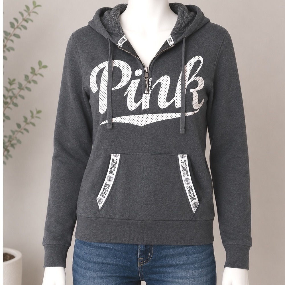Vintage PINK Victoria's‎ Secret Gray Zip Hoodie XS Cozy Logo Minimalist Neutral